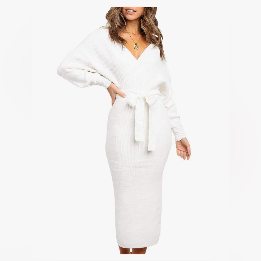 NWOT Stylish White Knit Sweater Dress with Bat Wing Sleeves and Belt